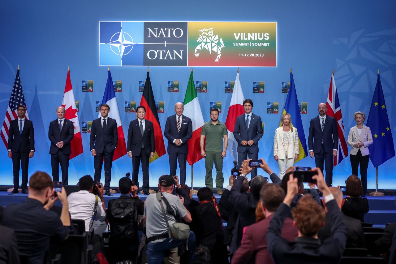 G7 leaders, President of the European Council Charles Michel, European Commission President Ursula von der Leyen and Ukraine's President Volodymyr Zelensky pose for a family photo during an event to announce a Joint Declaration of Support to Ukraine, as the NATO summit is held in Vilnius, Lithuania, on July 12.