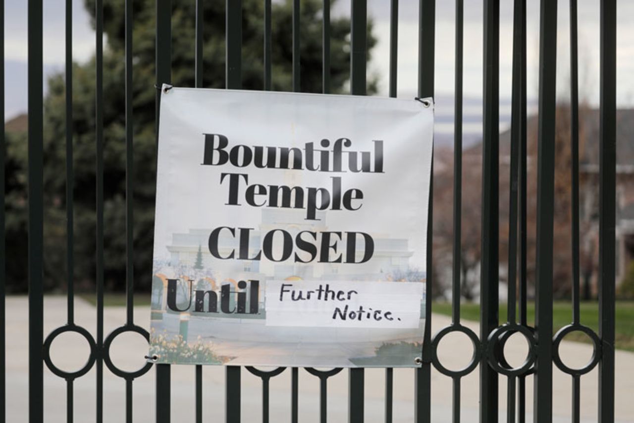 A closed sign is shown at The Church of Jesus Christ of Latter-day Saints Bountiful Temple Tuesday, March 24, in Bountiful, Utah. 