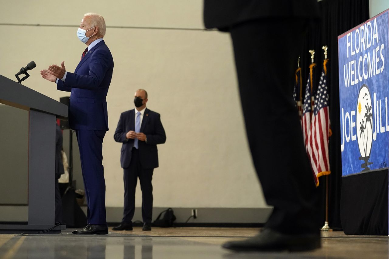 Democratic presidential candidate Joe Biden speaks at Jose Marti Gym on Monday in Miami.