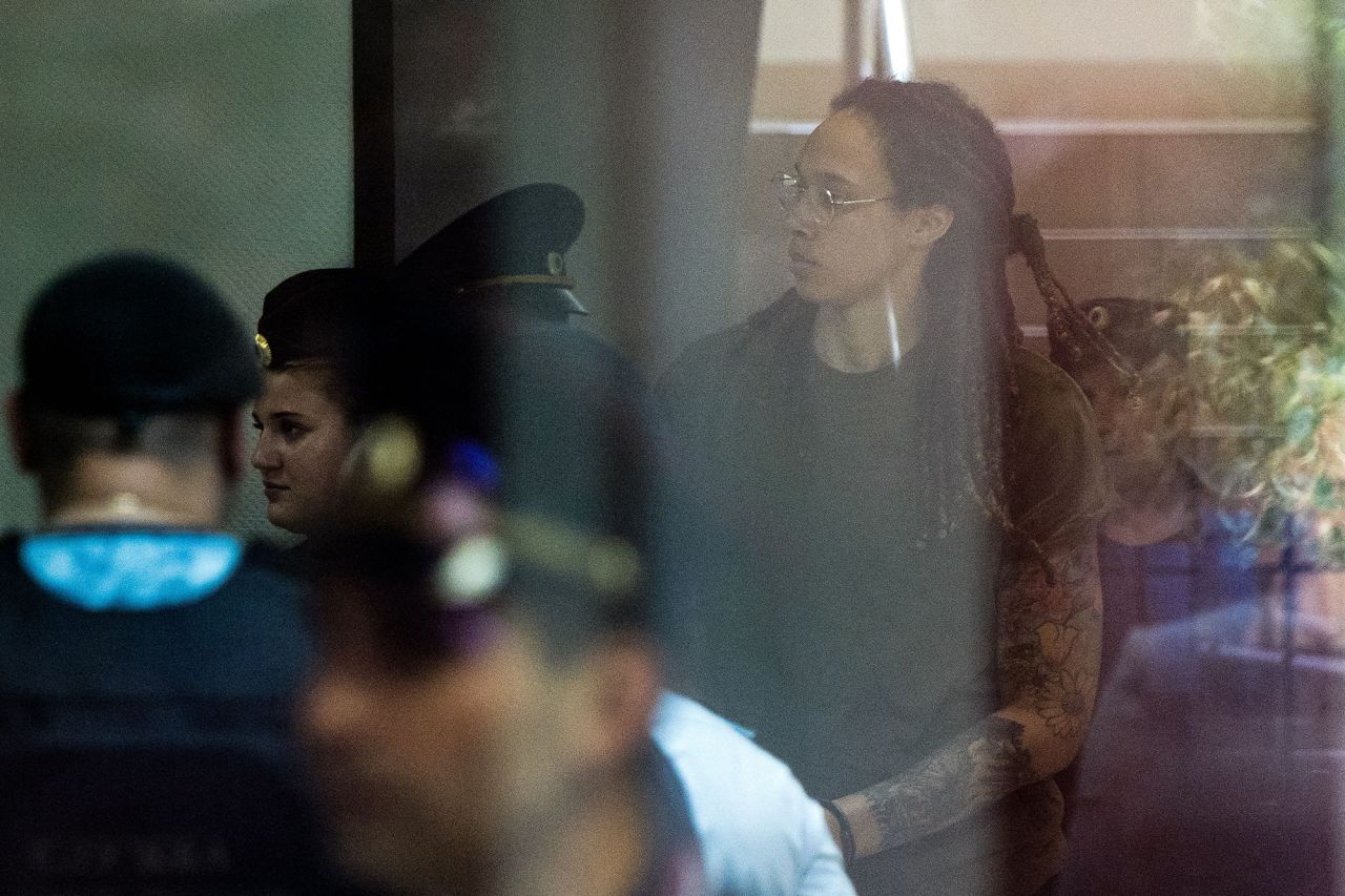 US WNBA basketball superstar Brittney Griner is escorted to a hearing at the Khimki Court, outside Moscow, Russia, on July 14.