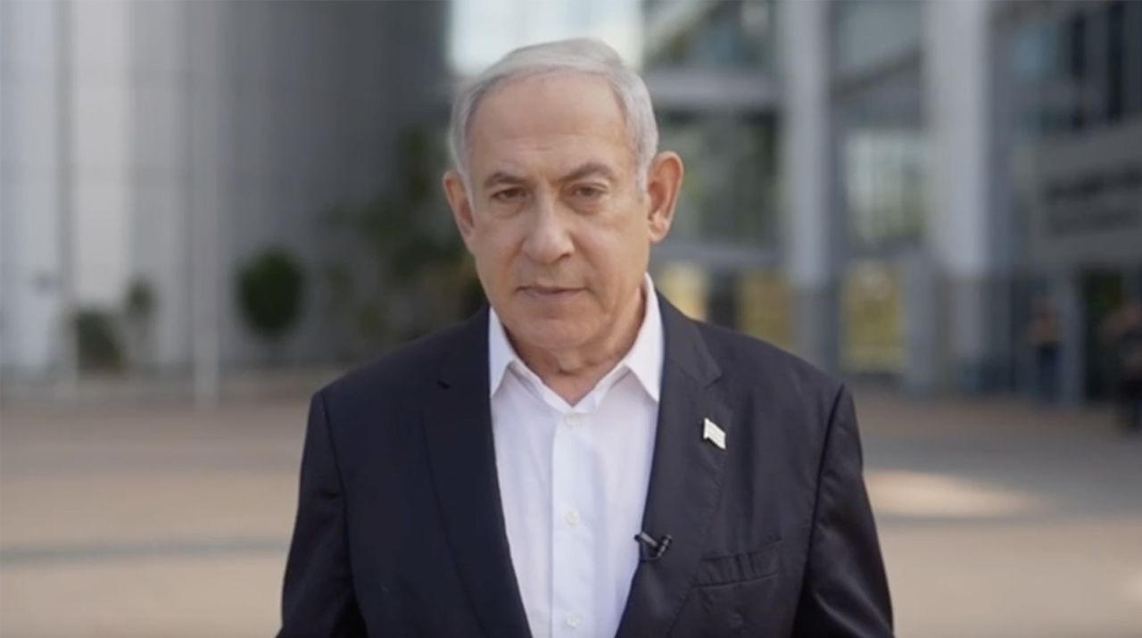 Israeli Prime Minister Benjamin Netanyahu delivers an address to the nation on October 7.