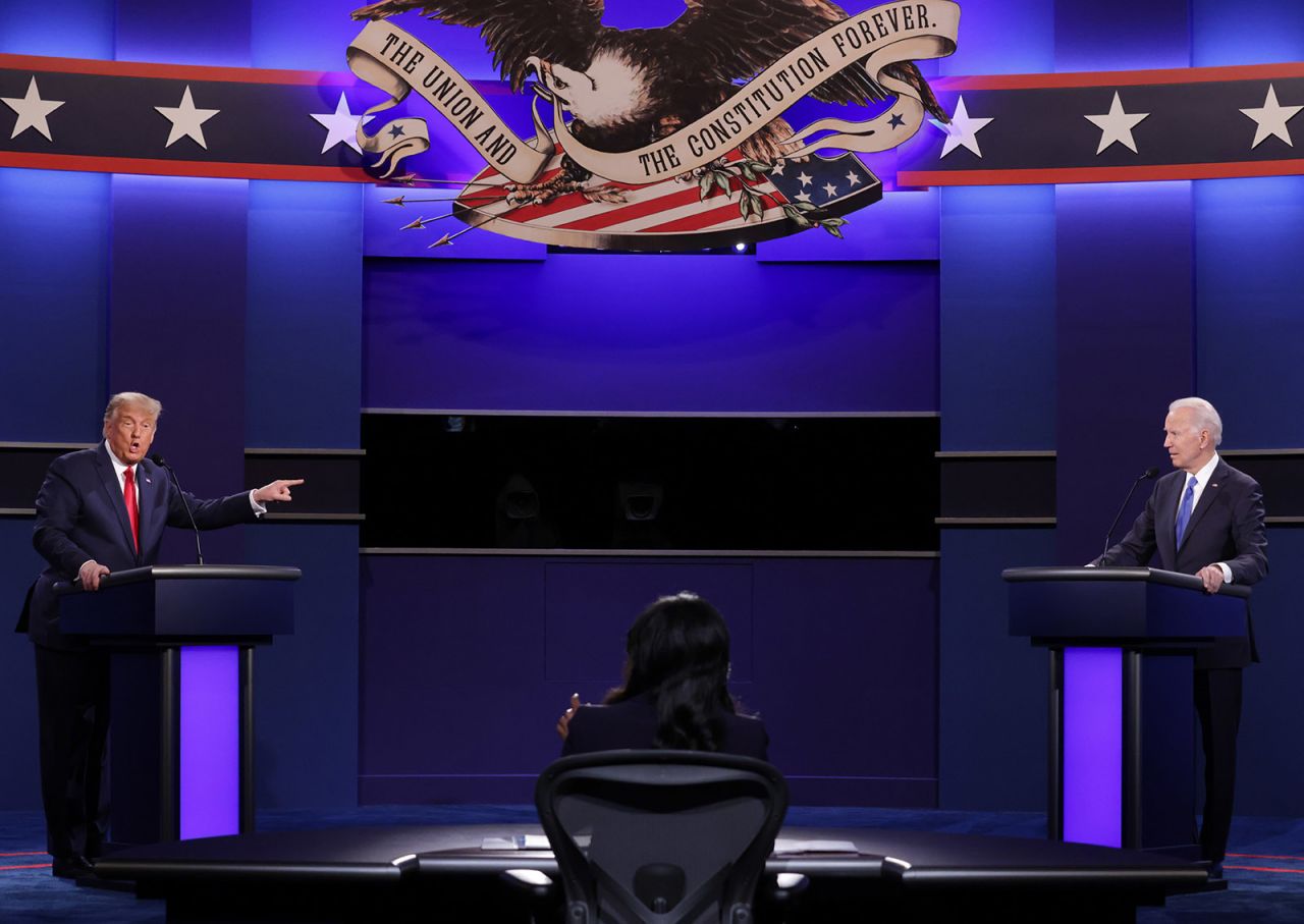 President Donald Trump and Democratic presidential nominee Joe Biden participate in the final presidential debate at Belmont University on October 22 in Nashville.