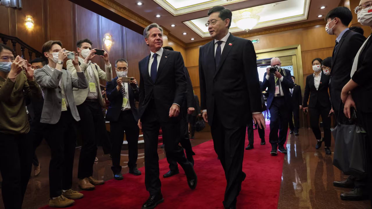 US Secretary of State Antony Blinken walks with Chinese Foreign Minister Qin Gang in Beijing, China, on June 18. 