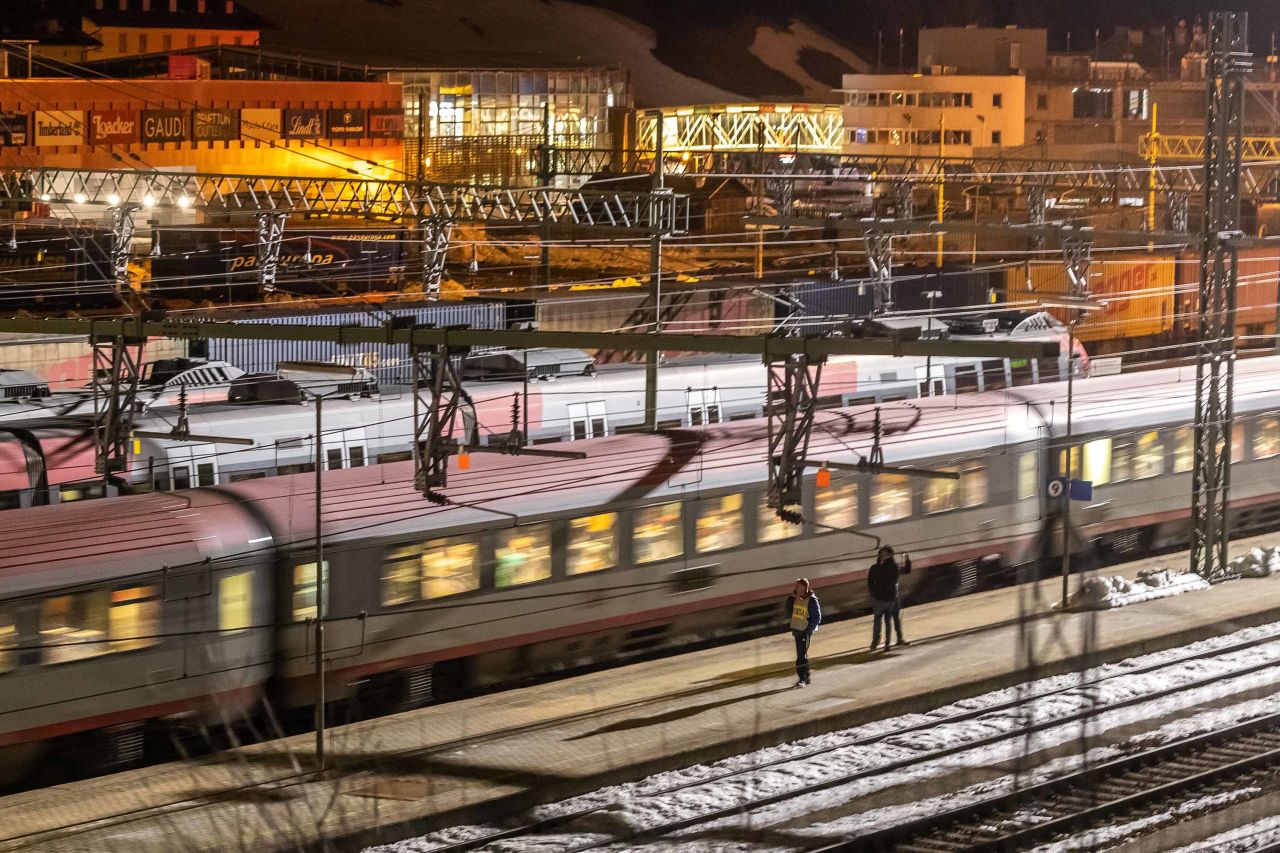 Trains are seen at the Austrian-Italian border railway station of Gries am Brenner on February 23.