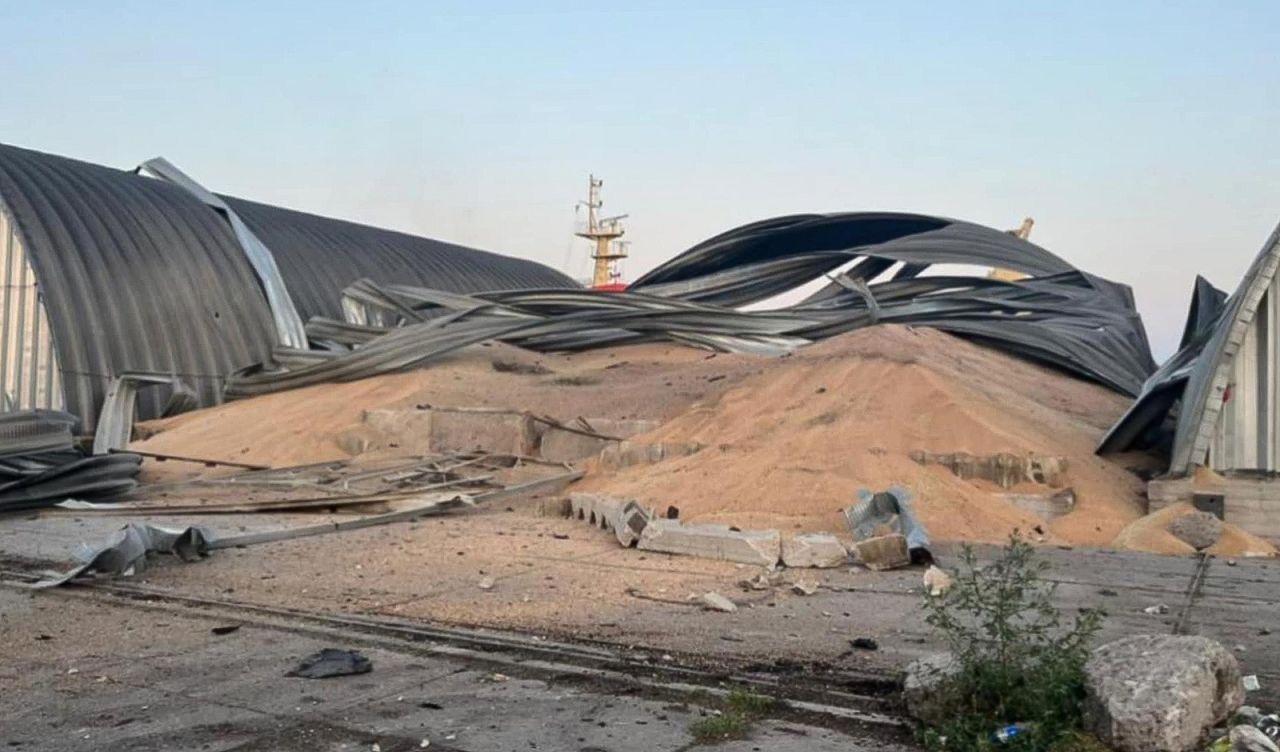 This picture shows the aftermath of Russian drones attacks at an Ukraine’s port infrastructure on the Danube river.
