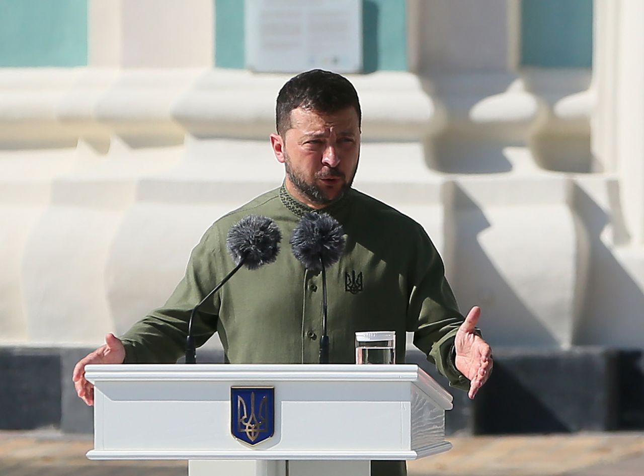 Volodymyr?Zelensky?speaks during a celebration ceremony in Kyiv, Ukraine on August 24.
