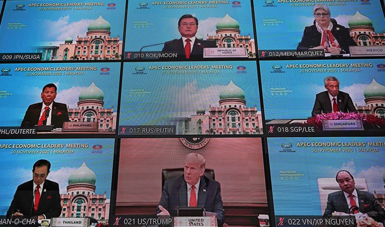 President Trump attends a virtual meeting between world leaders during the Asia-Pacific Economic Cooperation summit on Friday.