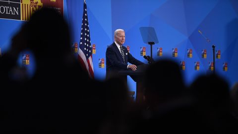 US President Joe Biden speaks at the NATO Summit on June 30 in Madrid.