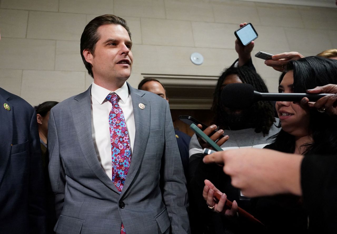 Rep. Matt Gaetz speaks to reporters on Capitol Hill on October 11.