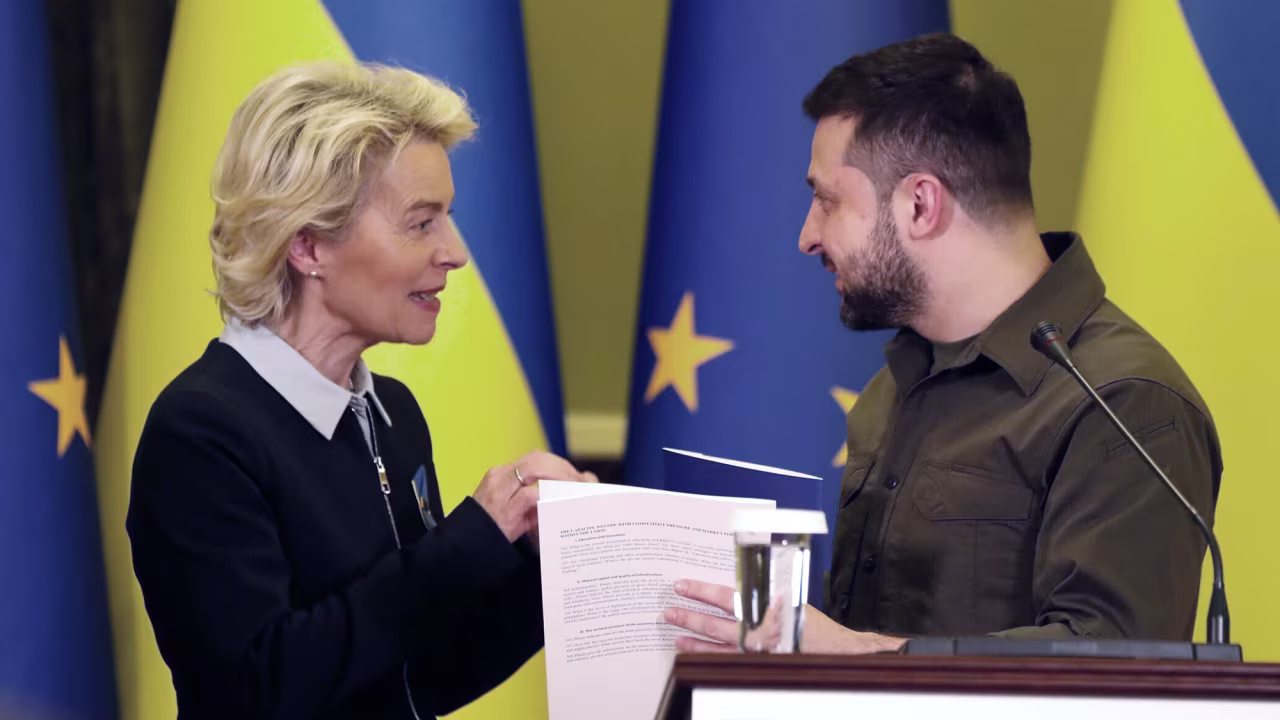 Ukrainian President Volodymyr Zelensky speaks with EU Commission President Ursula von der Leyen, in Kyiv, Ukraine on Friday, April 8.