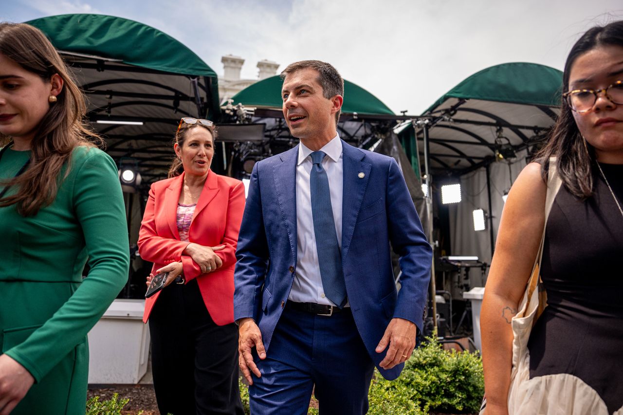 Transportation Secretary Pete Buttigieg departs after an on camera interview on the North Lawn of the White House on July 23 in Washington, DC.