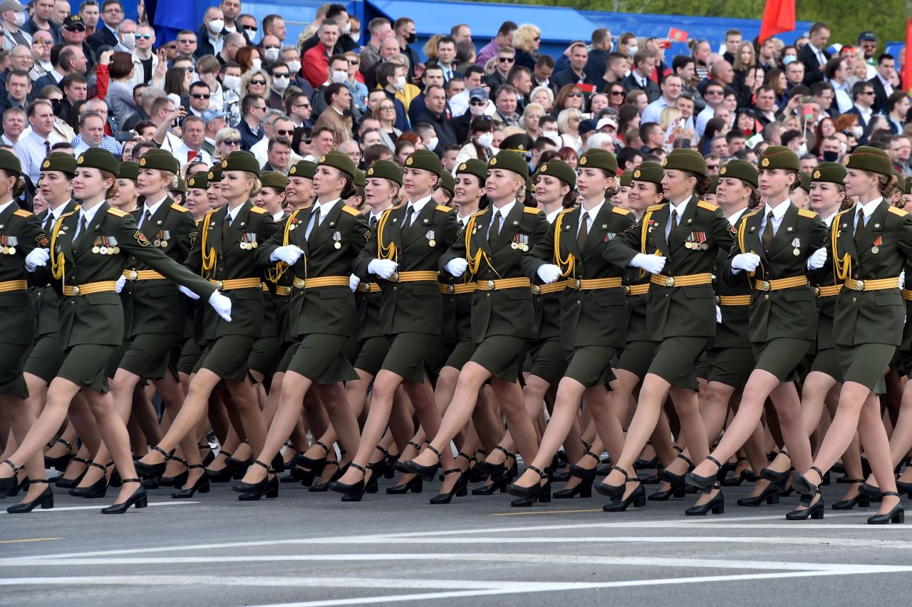 Belarus' servicewomen take part in a military parade to mark the 75th anniversary of the Soviet Union's victory over Nazi Germany in World War II, in Minsk on Saturday