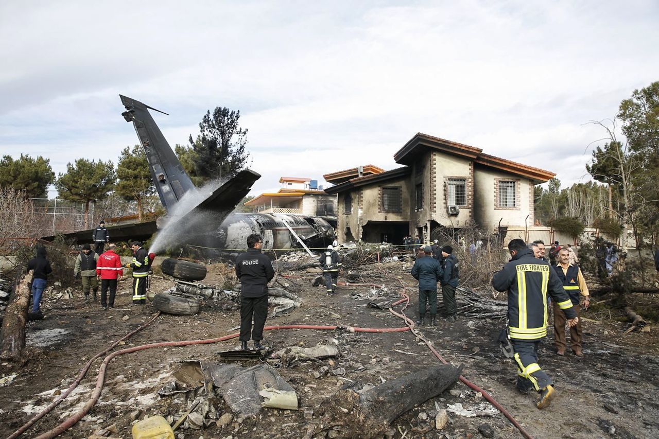 The debris of a Boeing cargo plane that crashed near Tehran on January 14, 2019.