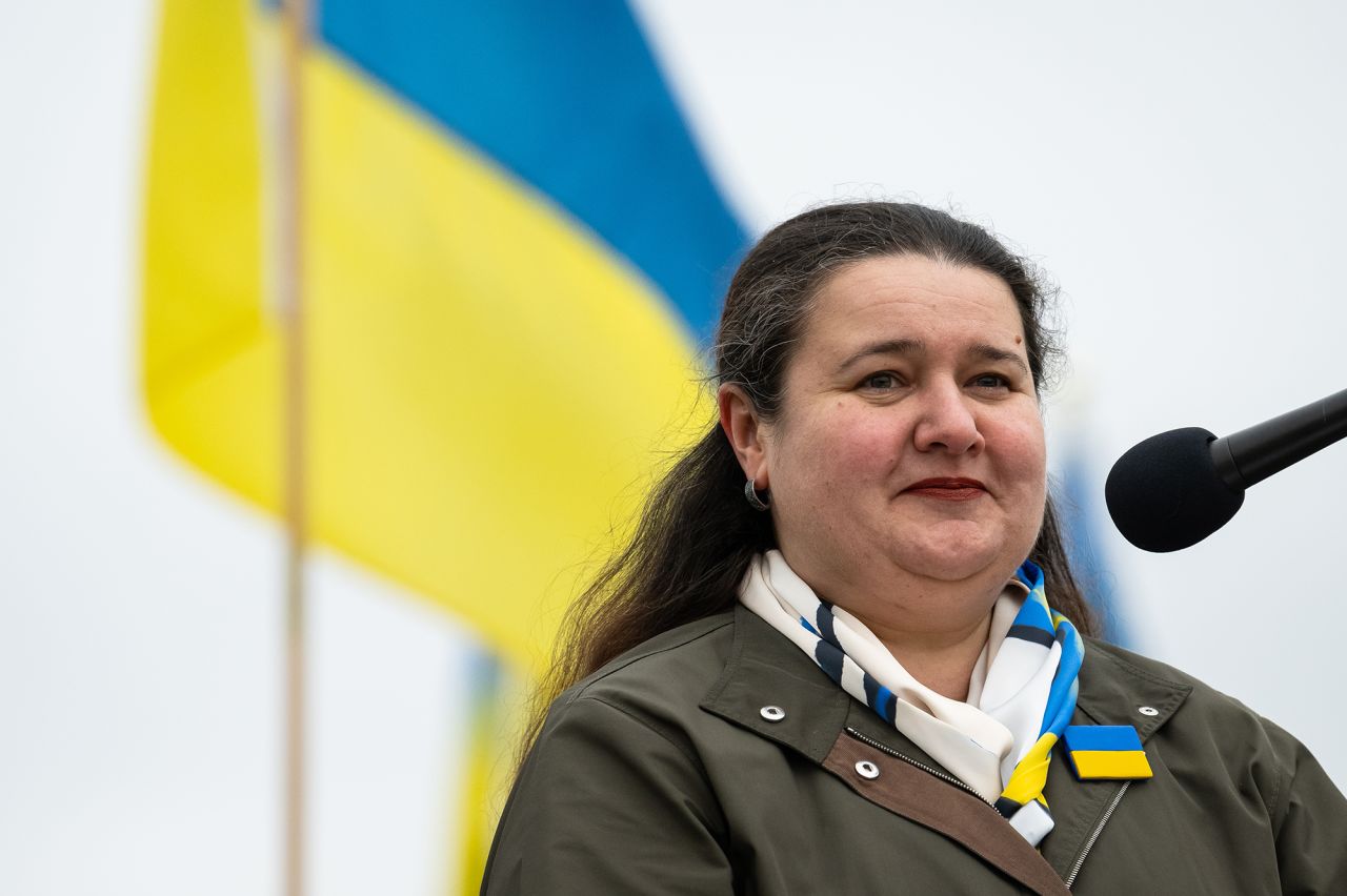 Oksana Markarova speaks during a rally in Washington, DC, on February 25. 
