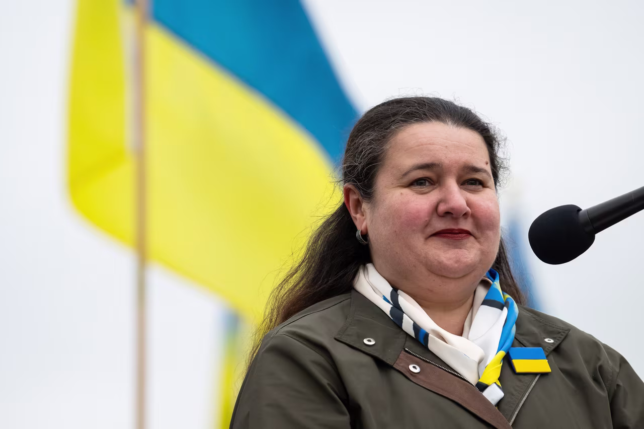 Oksana Markarova speaks during a rally in Washington, DC, on February 25. 