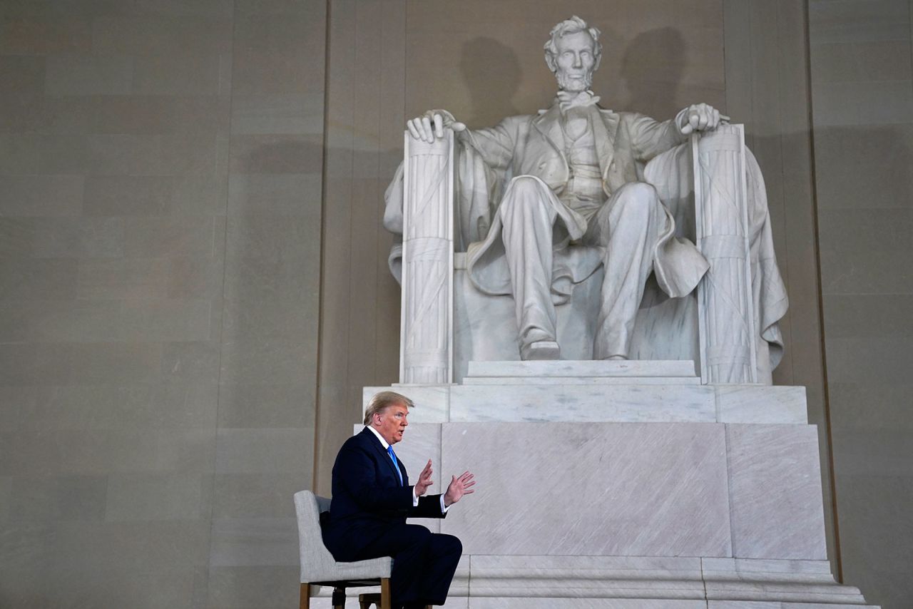 US President Donald Trump speaks during a Fox News virtual town hall from the Lincoln Memorial in Washington on May 3.