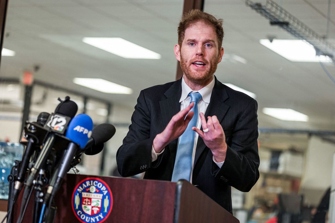 Maricopa County Recorder Stephen Richer speaks about voting machine malfunctions at the Maricopa County Tabulation and Elections Center (MCTEC) in Phoenix, Arizona, on November 9, 2022.