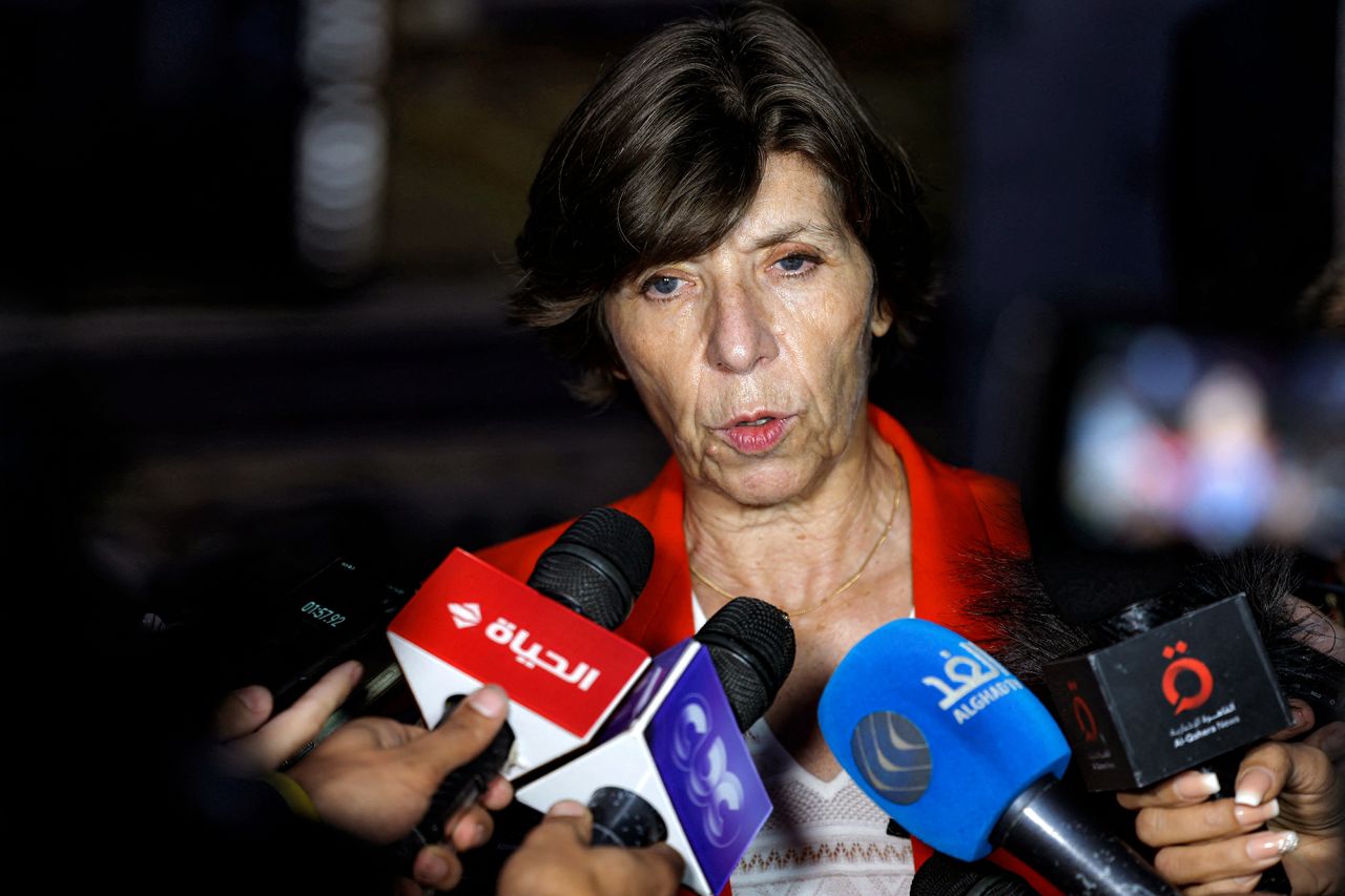 France's Foreign Minister Catherine Colonna speaks to the press after attending the Cairo peace summit on October 21. 