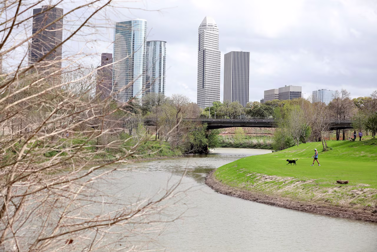 High-rise buildings are seen from Buffalo Bayou Park near downtown Houston, Texas.