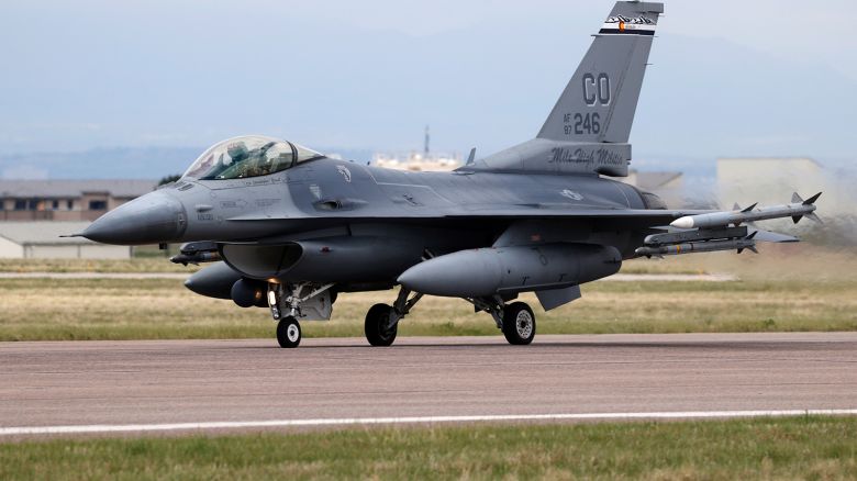 A F-16 Fighting Falcon from Colorado Air National Guard's 140th Wing takes off from Buckley Air Force Base in Aurora, Colorado on May 15, 2020.