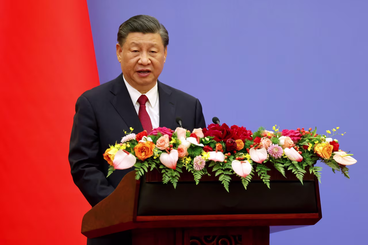 Chinese President Xi Jinping speaks during a meeting with French President Emmanuel Macron in Beijing on April 6. 
