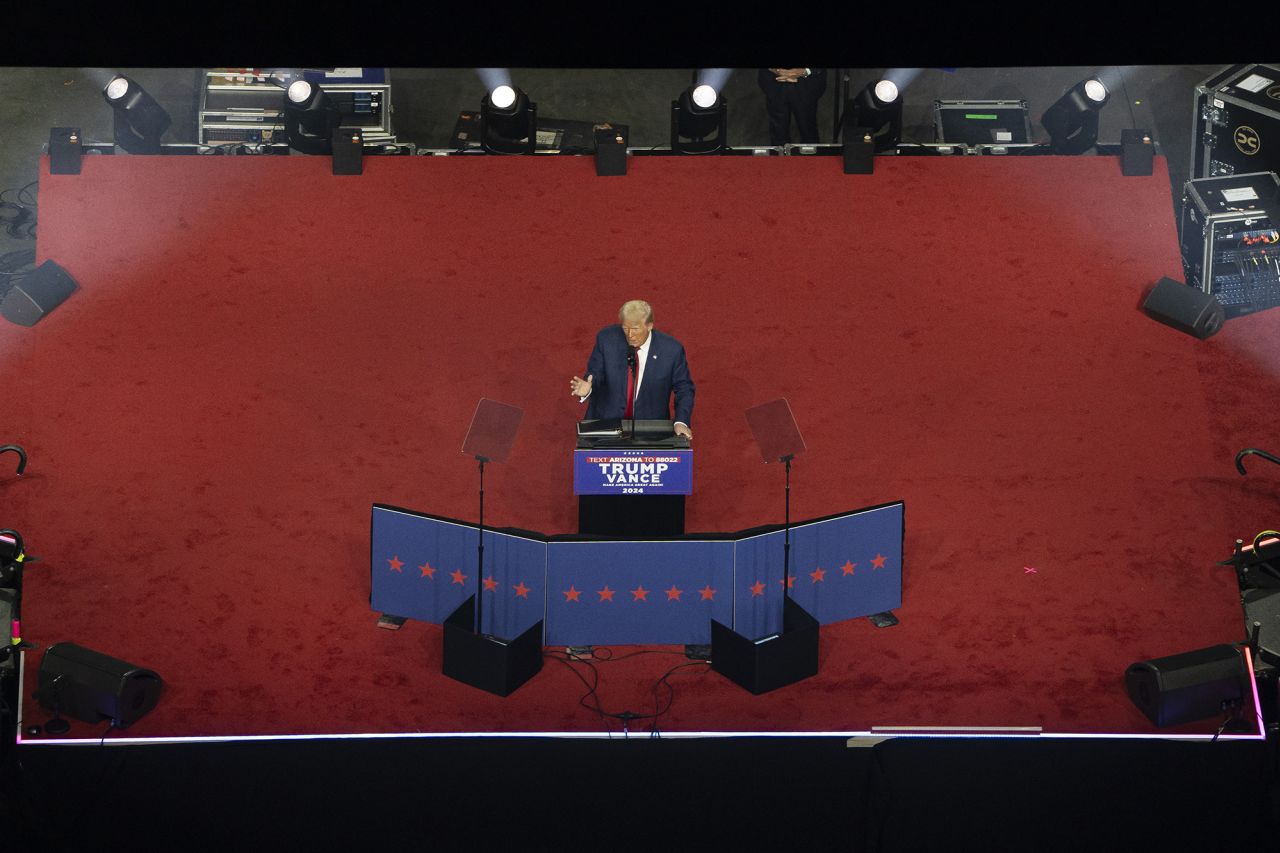 Republican presidential nominee, former U.S. President Donald Trump speaks during a campaign rally at Desert Diamond Arena on August 23 in Glendale, Arizona. 