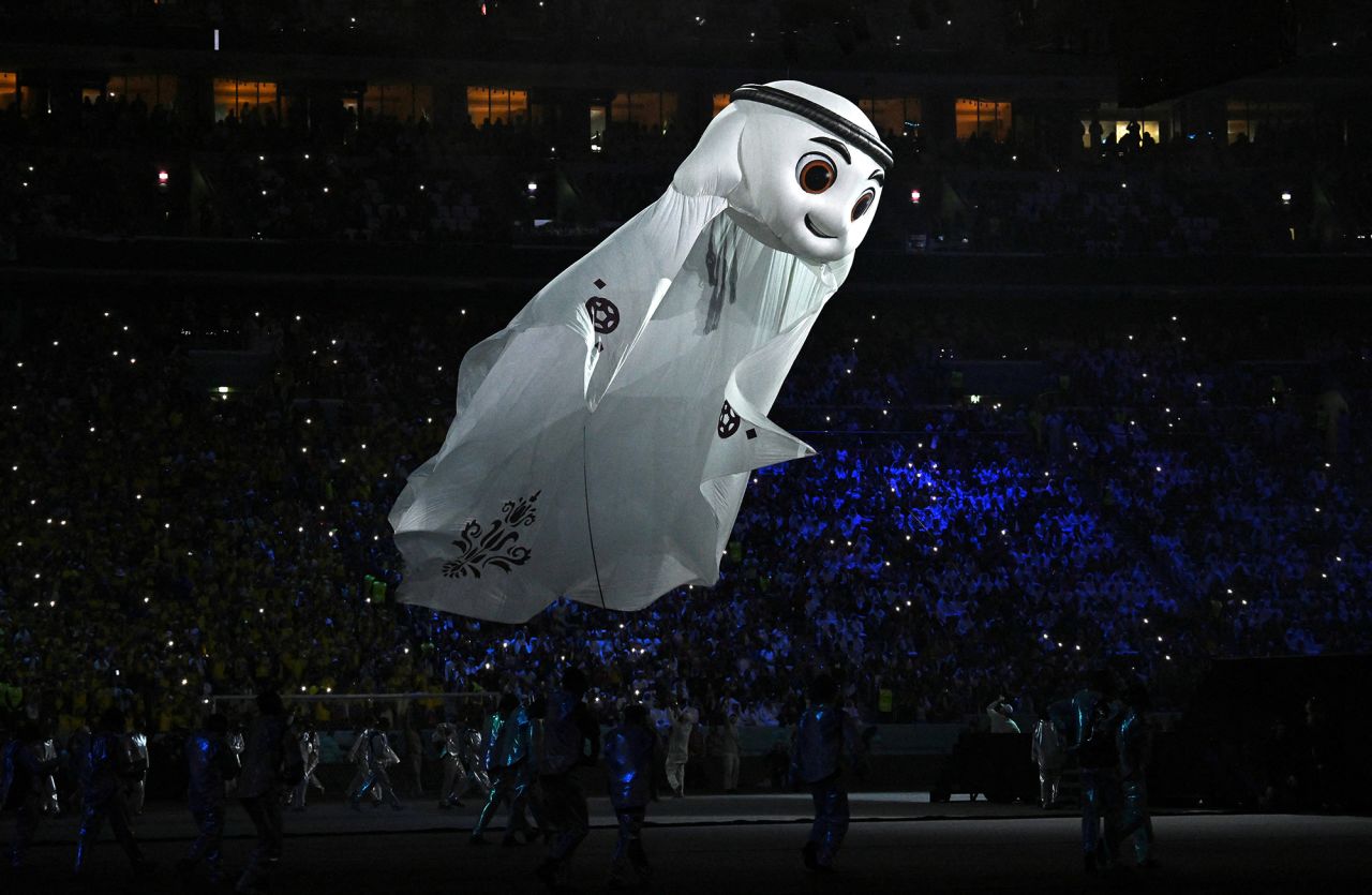 World Cup mascot La'eeb is seen during the opening ceremony.