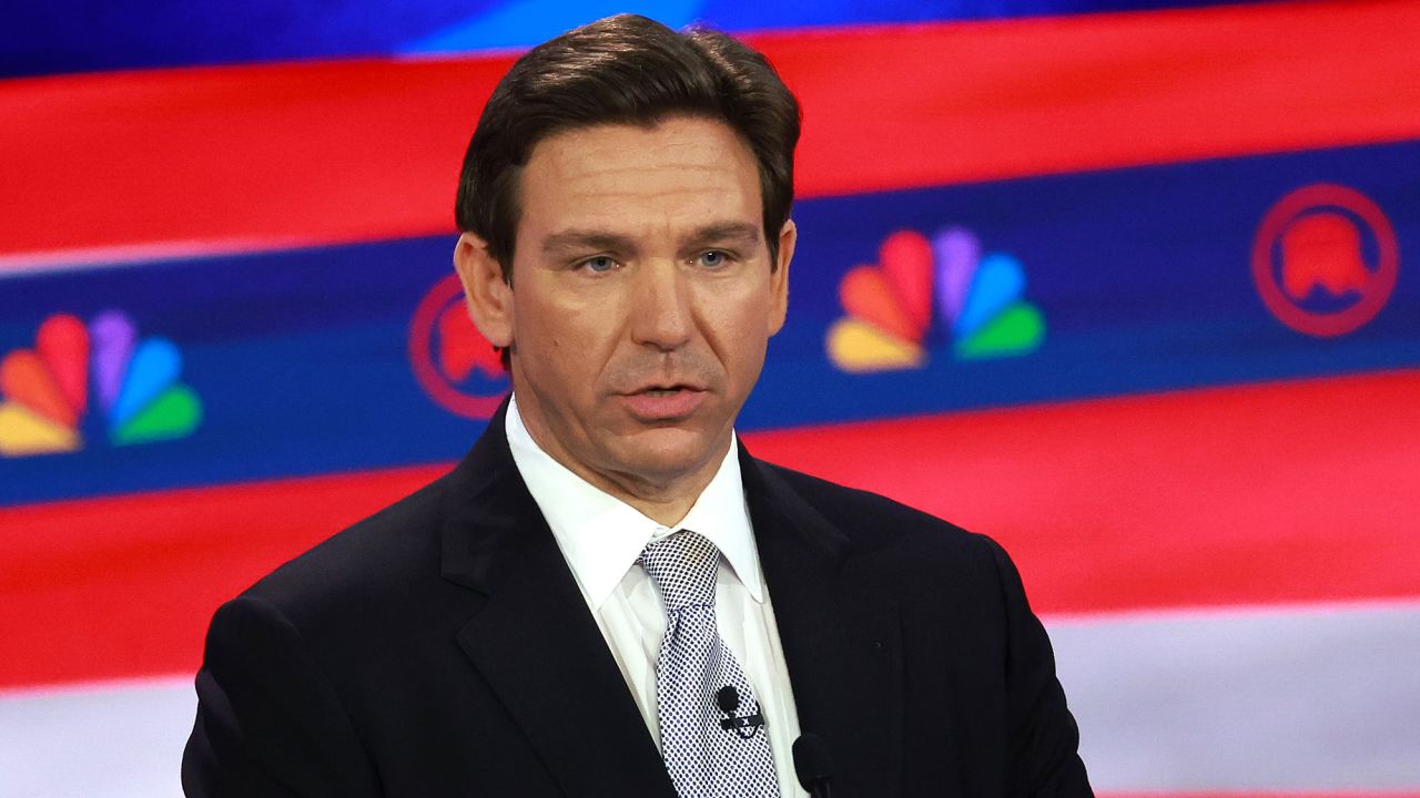 Republican presidential candidate Florida Gov. Ron DeSantis speaks during the NBC News Republican Presidential Primary Debate at the Adrienne Arsht Center for the Performing Arts of Miami-Dade County on November 8, in Miami, Florida.