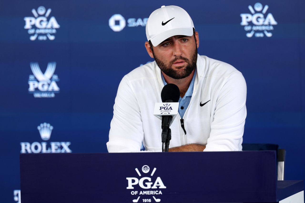 Scottie Scheffler speaks at a press conference on Friday in Louisville, Kentucky. 