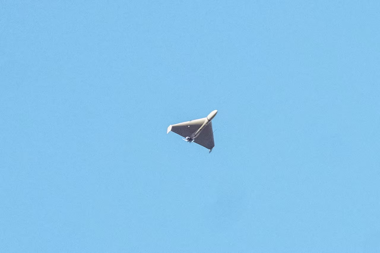 A Russian drone is seen flying about Kyiv on October 17. Local authorities considered it to be an Iranian-made unmanned aerial vehicle.
