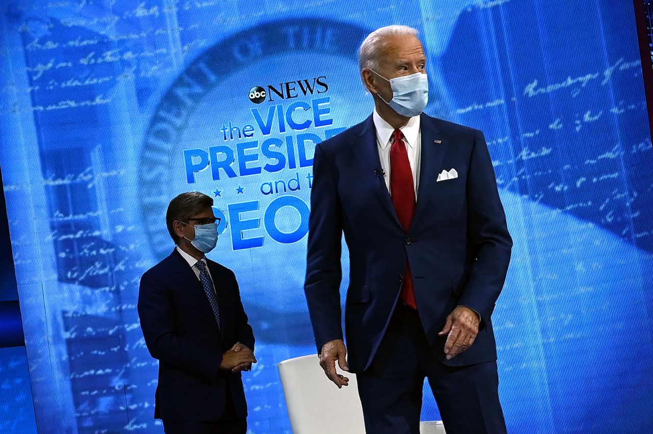 Democratic Presidential candidate Joe Biden arrive for an ABC News town hall event at the National Constitution Center in Philadelphia on Thursday.