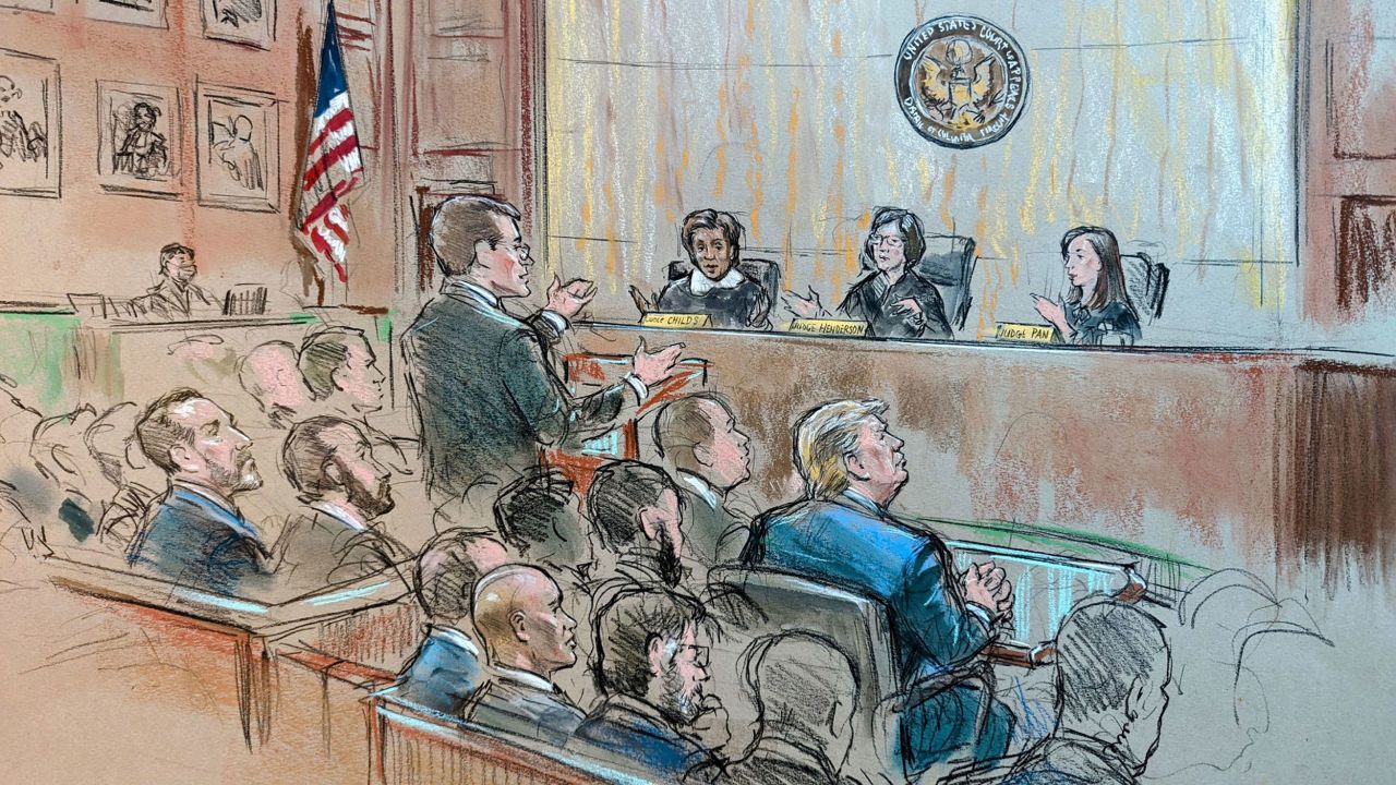 A court sketch depicts former President Donald Trump, seated right, listening as his attorney John Sauer, standing, speaks before the DC Circuit Court of Appeals in Washington, DC, on Tuesday, January 9.