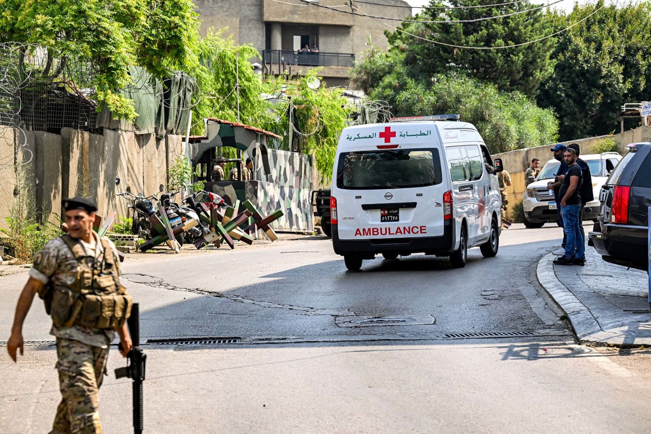 An ambulance is pictured as members of the Lebanese army deploy near the US embassy in Beirut on June 5. 