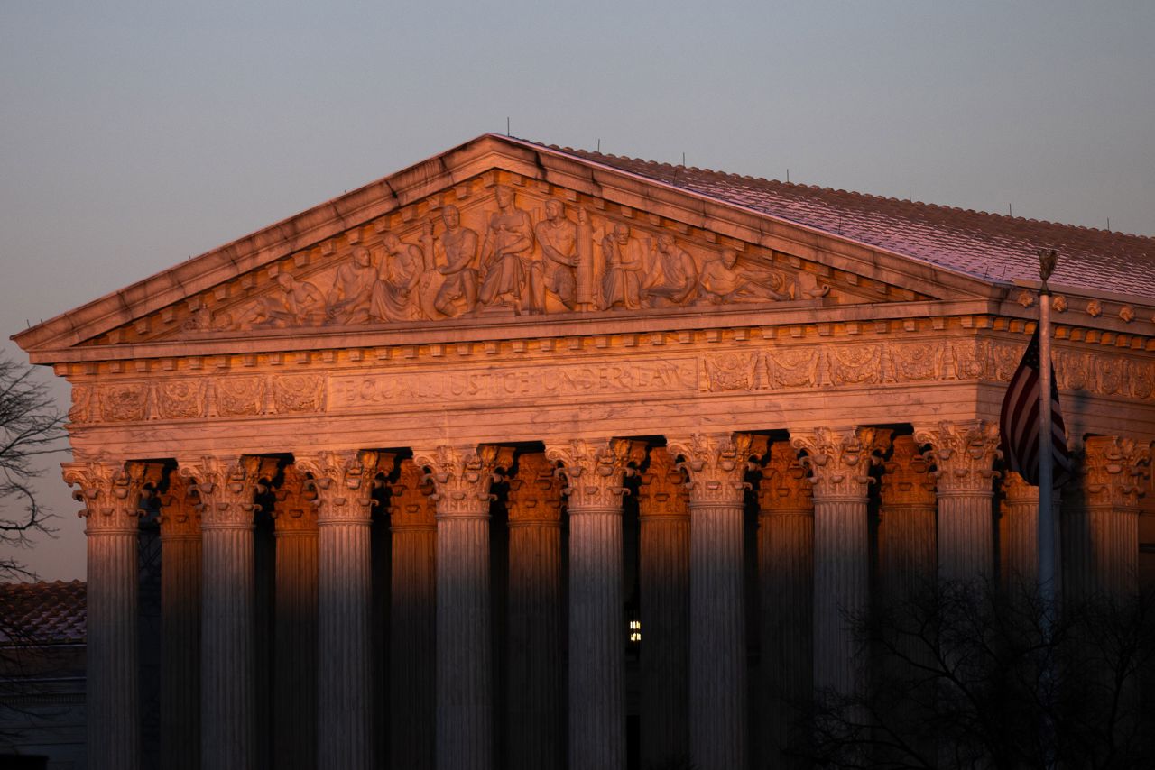 The sun illuminates the US Supreme Court in Washington, DC, in January.