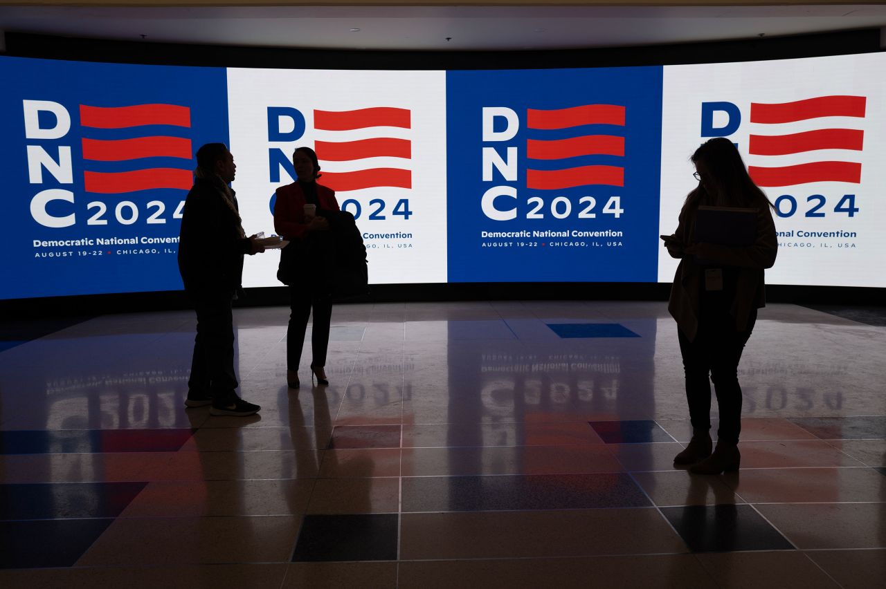 The logo for the Democratic National Convention is displayed at the United Center during a media walkthrough on January 18, 2024 in Chicago.