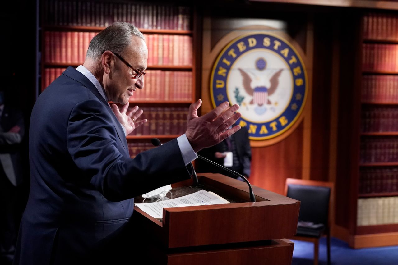 Senate Majority Leader Chuck Schumer speaks during a news conference in Washington, DC, on March 6.