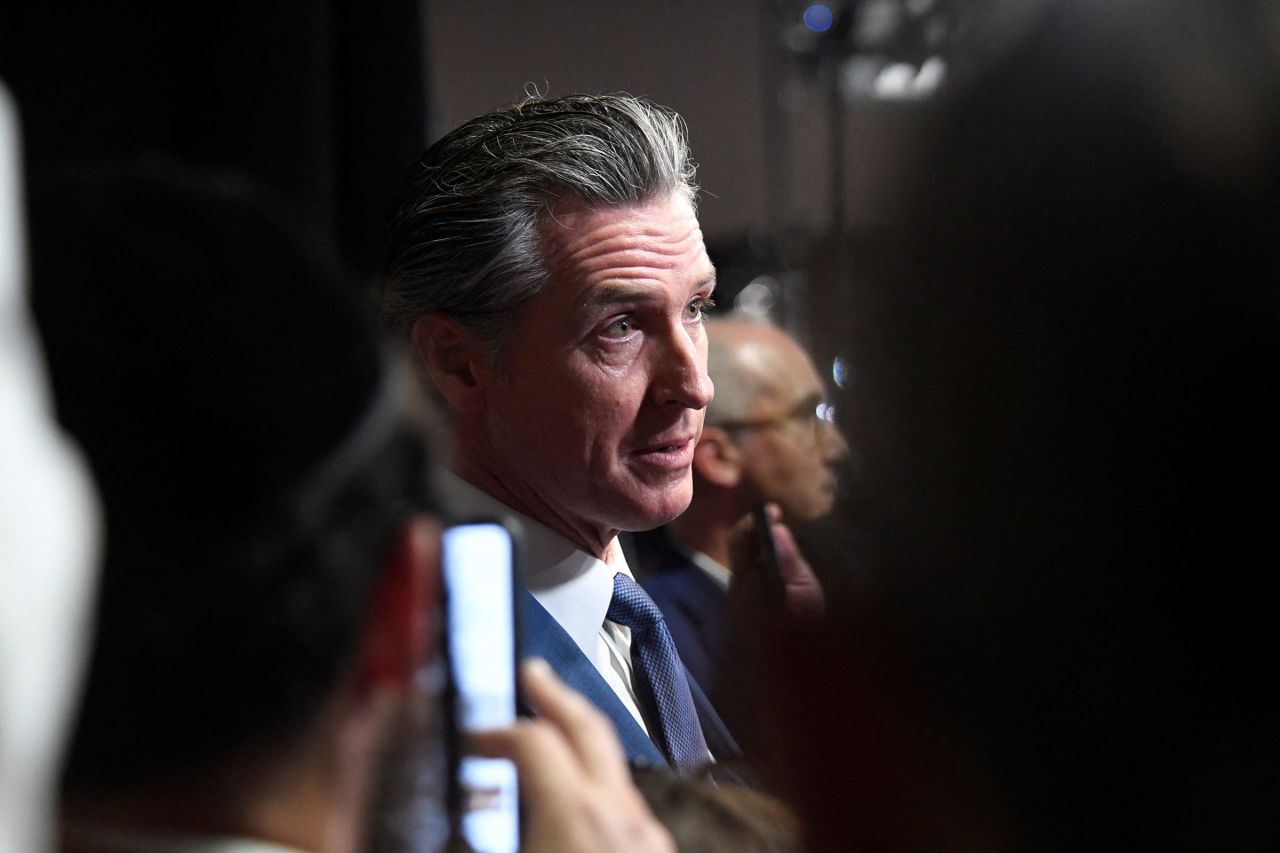 California Gov. Gavin Newsom speaks to the press ahead of the presidential debate on Tuesday in Philadelphia.