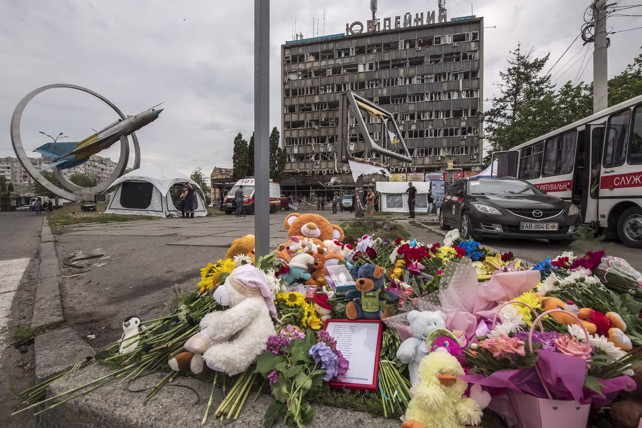Flowers and toys at the site of a lethal Russian cruise missile strike in Vinnytsia, Ukraine, on July 15.