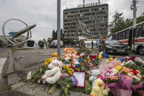 Flowers and toys at the site of a lethal Russian cruise missile strike in Vinnytsia, Ukraine, on July 15.