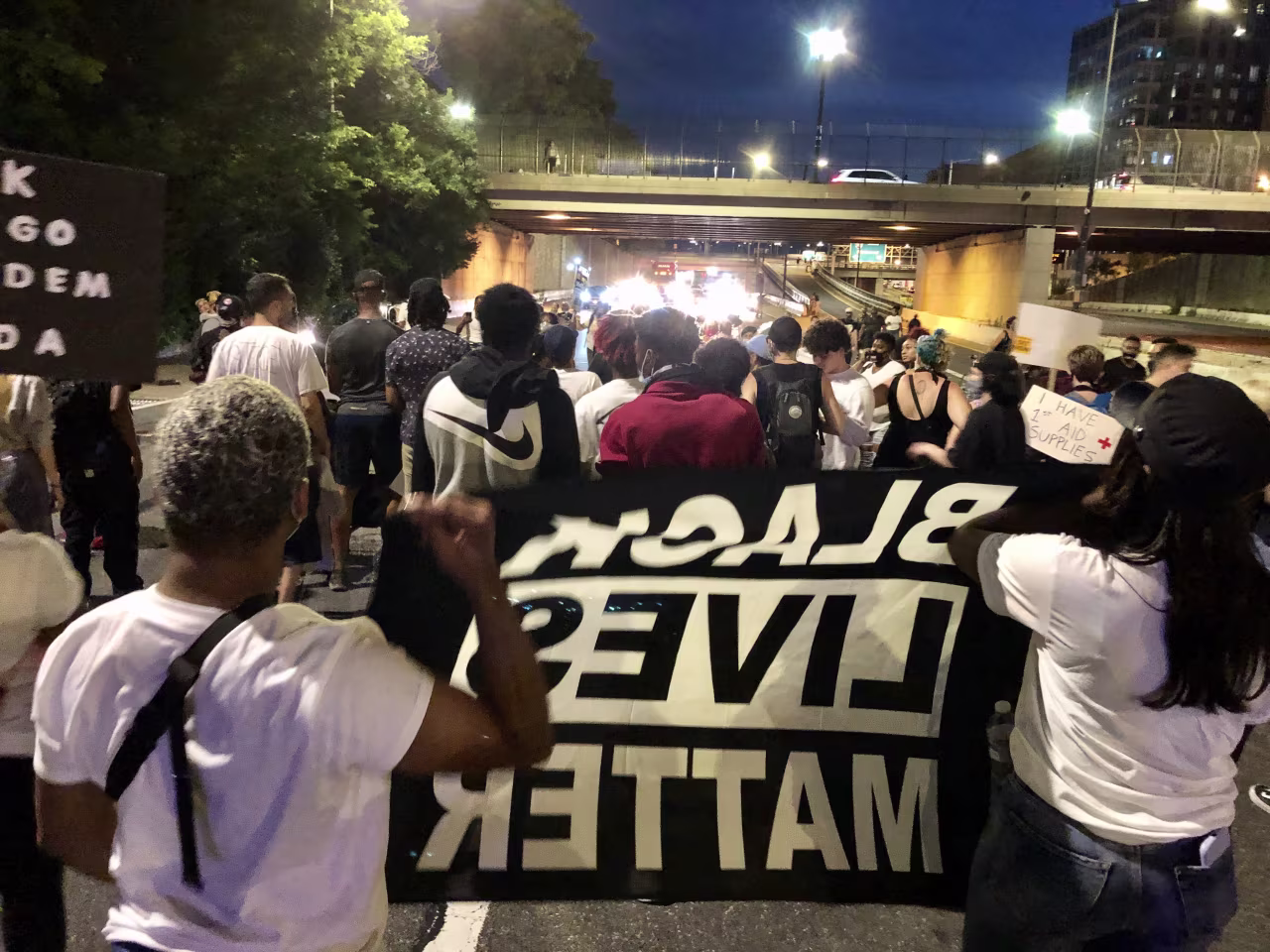 Protesters marching through downtown DC.
