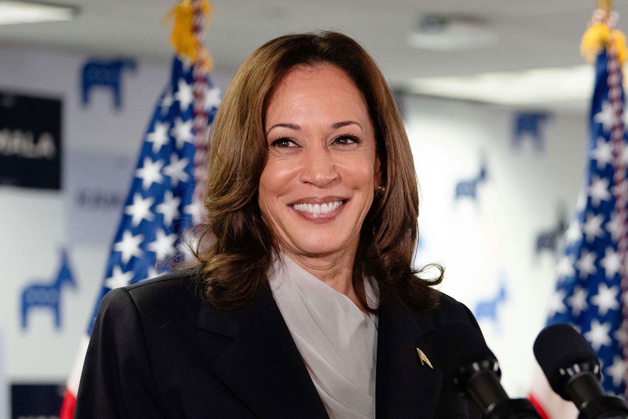 Vice President and Democratic presidential candidate Kamala Harris speaks at her campaign headquarters in Wilmington, Delaware, on Monday, July 22.