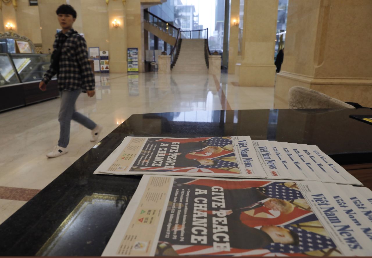 Newspapers on display in a Hanoi hotel on Thursday morning.