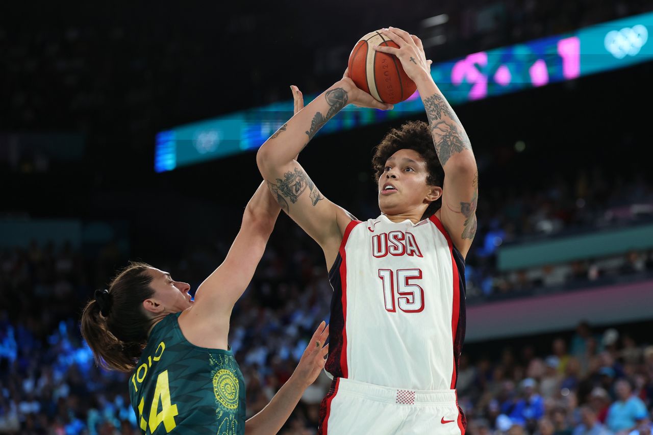 USA’s Brittney Griner shoots during the women's basketball semifinal against Australia on August 9. 