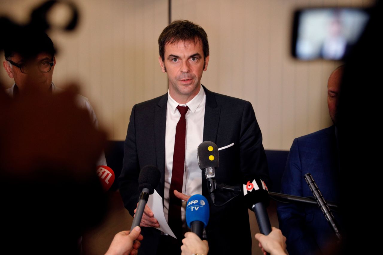 French Health and Solidarity Minister Olivier Veran addresses media during a news briefing on the coronavirus.