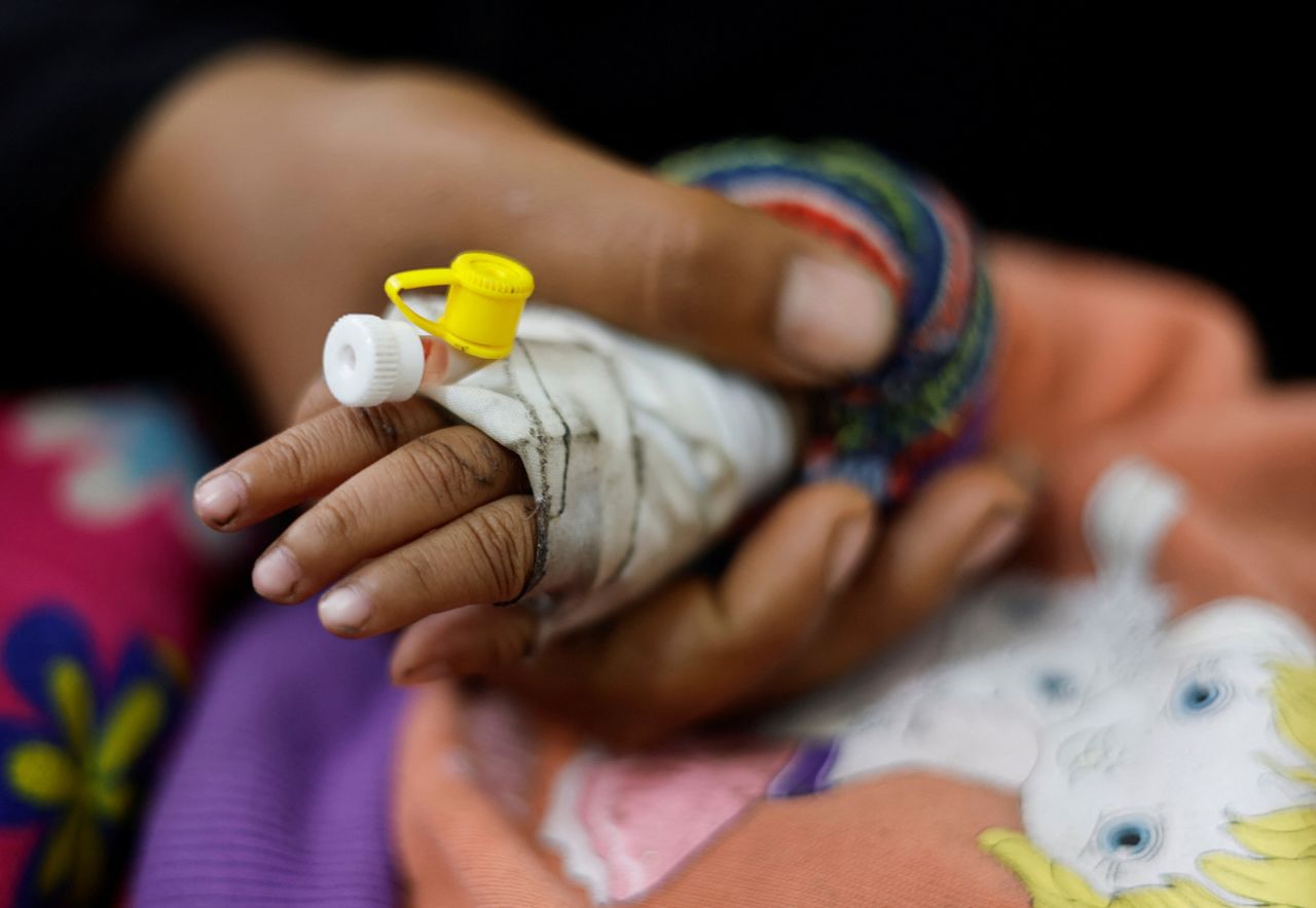 A Palestinian child suffering from?malnutrition?receives treatment at a healthcare center in Rafah, Gaza, on March 4.