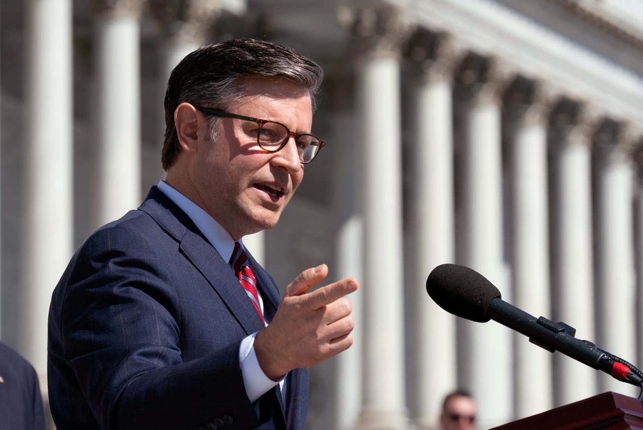 Mike Johnson speaks to reporters at the Capitol, in Washington DC, on May 16.