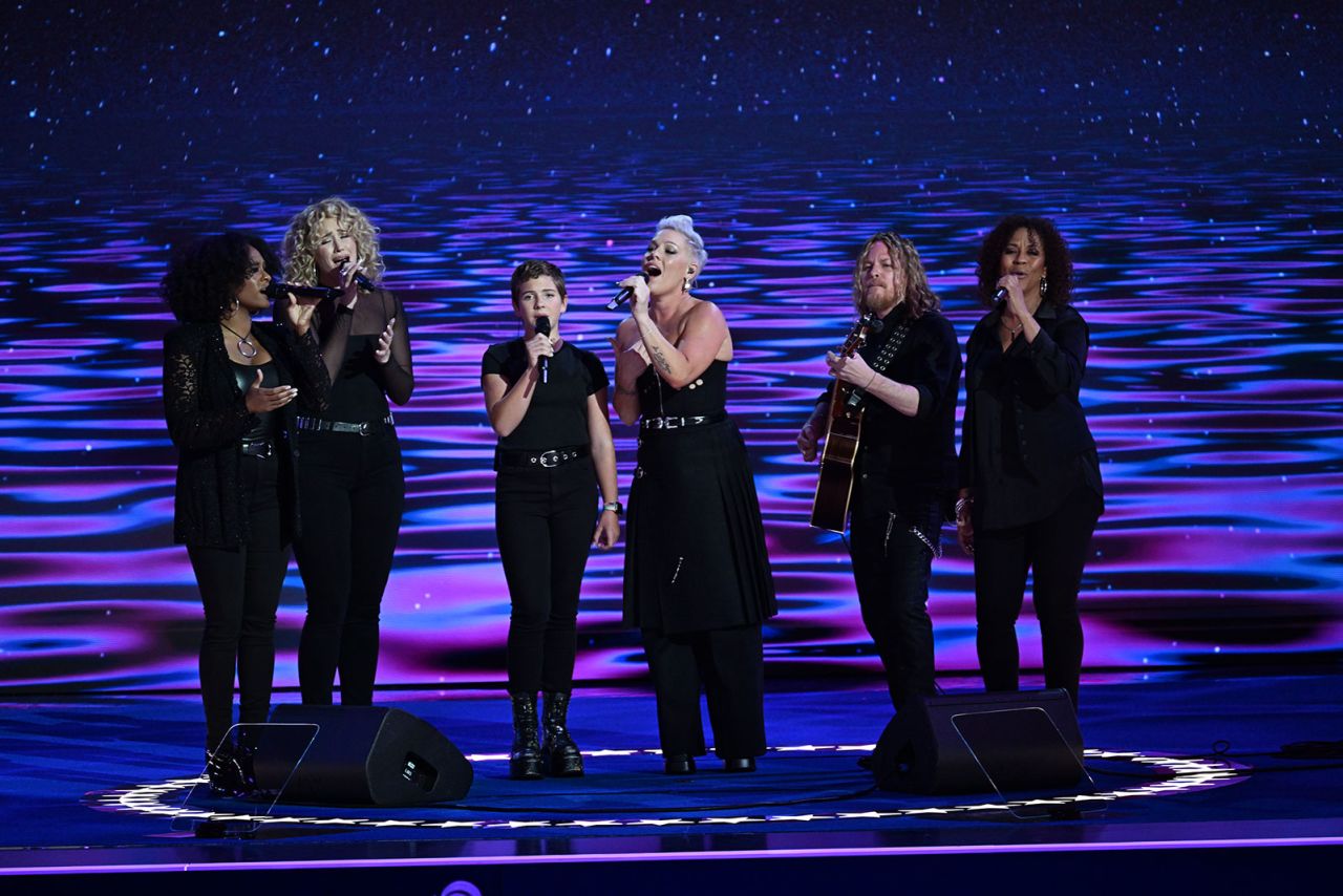 Pink performs on stage during the final night of the DNC on Thursday, August 22, in Chicago.