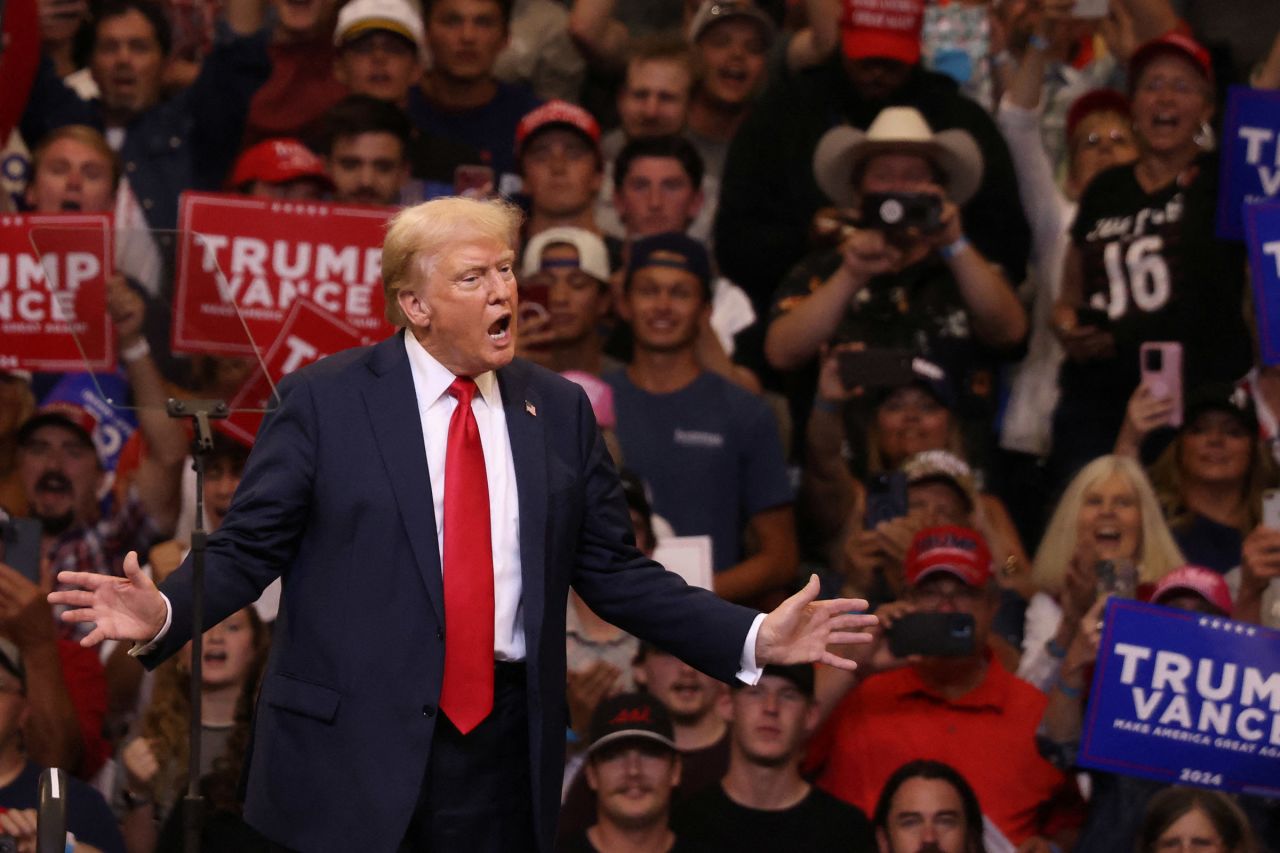 Republican presidential nominee and former President Donald Trump speaks during a campaign rally in Bozeman, Montana, on August 9.