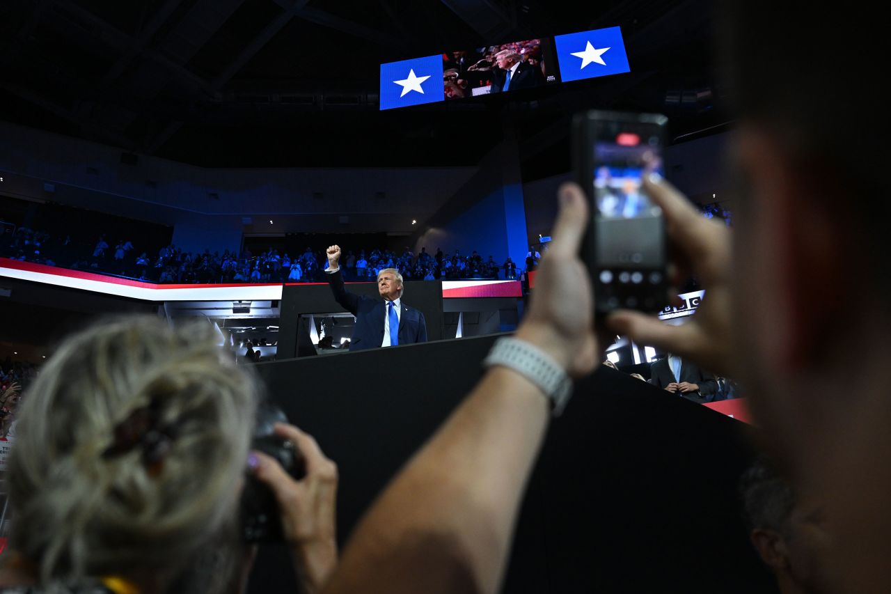 Former President Donald Trump pumped his fist at the 2024 Republican National Convention at Fiserv Forum in Milwaukee, Wisconsin on July 16.