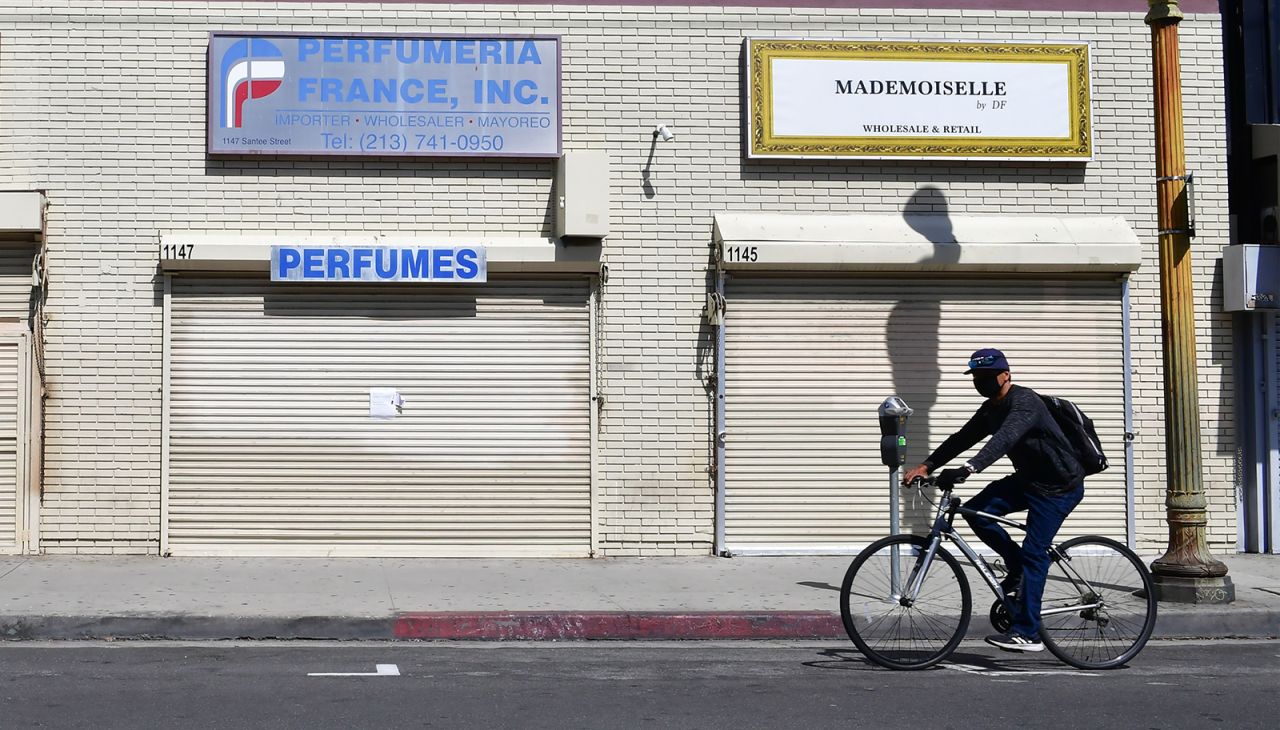 Closed shopfronts in what would be a normally busy fashion district in Los Angeles, California on May 4.